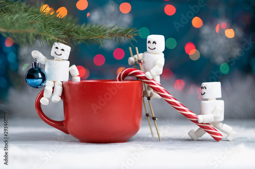 Photography Marshmallow men decorate christmas tree by candy cane and christmas tree ball on