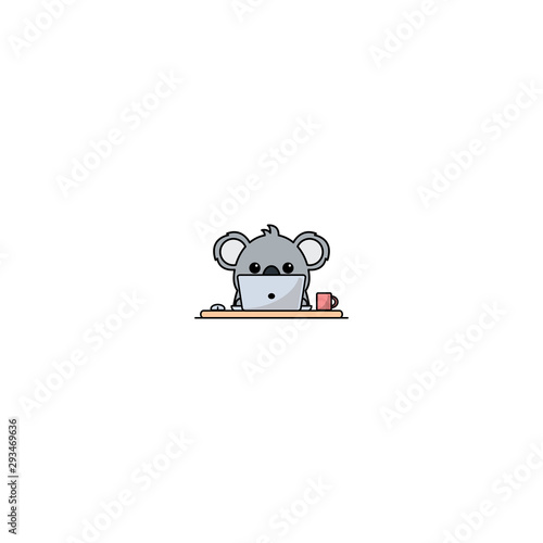 Cute koala working on a laptop, vector illustration