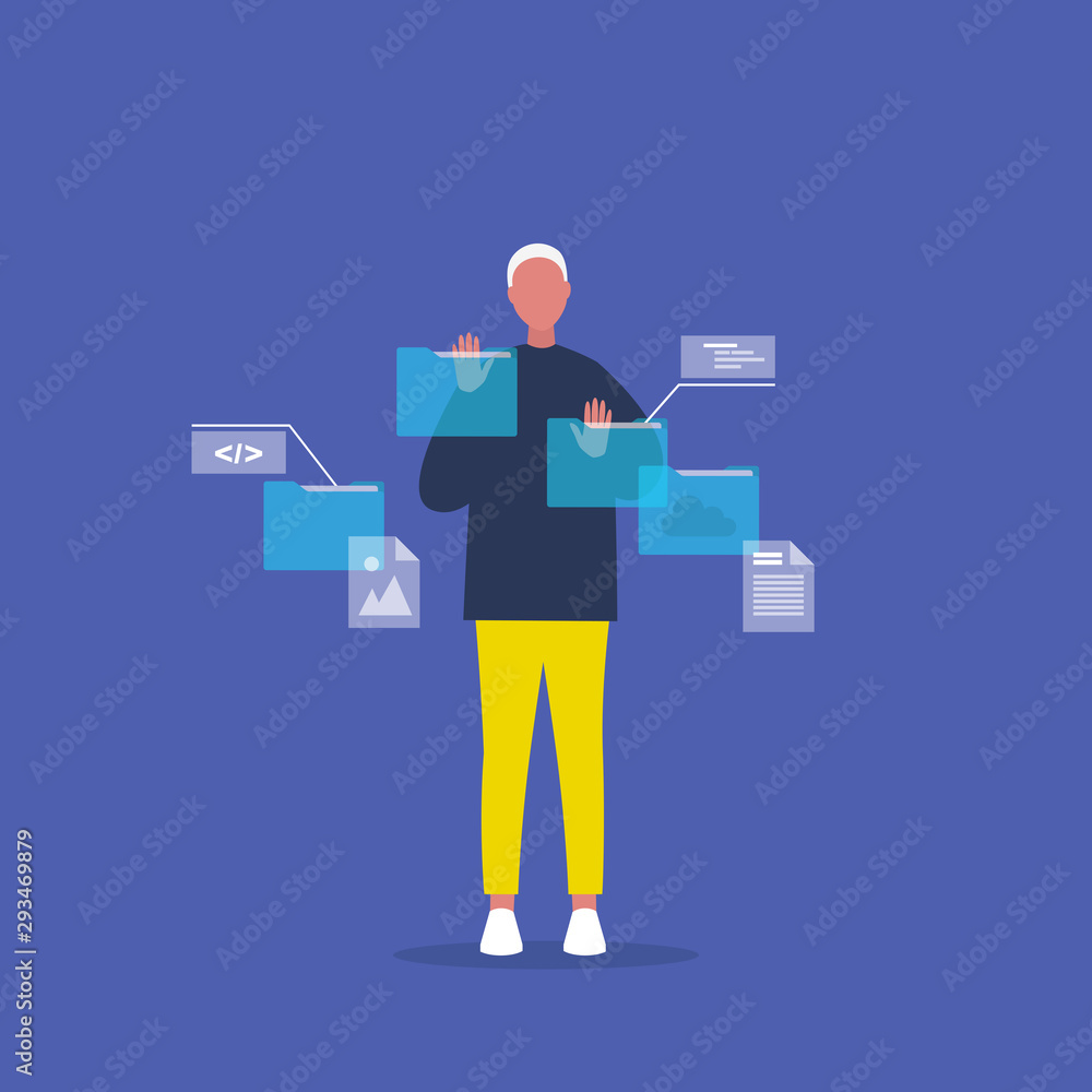 Augmented reality. Blue Holographic display. Young male character working with folders and files. Futuristic lifestyle. Office. Manager. Flat ediatble vector illustration, clip art