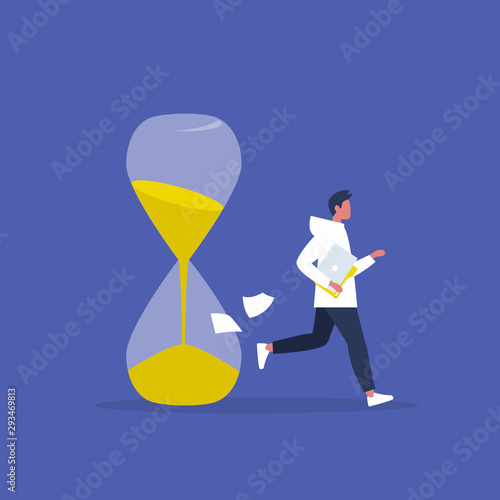 Running out of time. Sand glass. Young male character hurrying up before the deadline. Office. Management. Modern life. Stress.