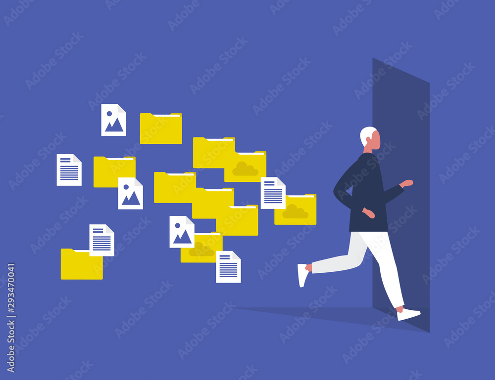 Digital hygiene. Stress. Young male character running away from the folders and computer files. Modern lifestyle. Overwhelming flow of work. Flat editable vector illustration, clip art Digital hygiene. Stress. Young male character running away from the folders and computer files. Modern lifestyle. Overwhelming flow of work. Flat editable vector illustration, clip art