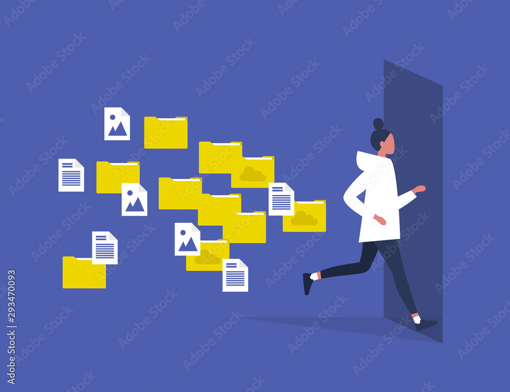 Fototapeta premium Digital hygiene. Stress. Young female character running away from the folders and computer files. Modern lifestyle. Overwhelming flow of work. Flat editable vector illustration, clip art