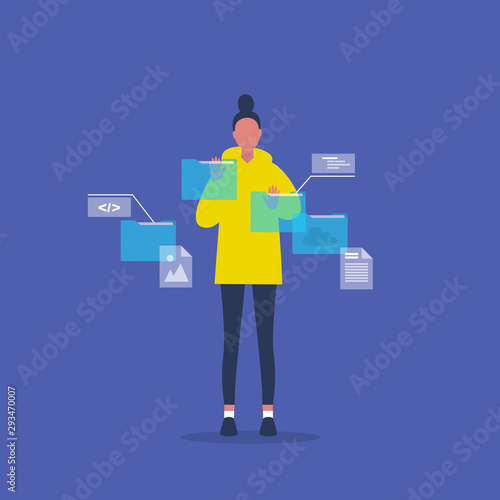 Augmented reality. Blue Holographic display. Young female character working with folders and files. Futuristic lifestyle. Office. Manager. Flat ediatble vector illustration, clip art