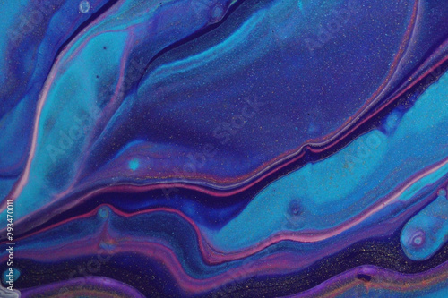Dark blue and purple reign in this unusual abstract acrylic pour painting with teal, neon pink, and shimmering gold highlights for backgrounds.