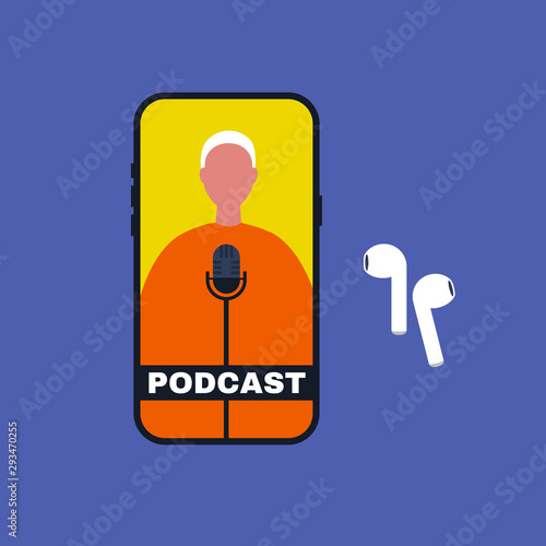 Podcast. Mobile phone display and wireless earphones. A silhouette of male character. Microphone. Modern technologies. Flat editable vector illustration, clip art