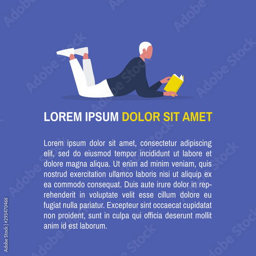 Lorem ipsum template. Young male character reading a book. Library. Layout. Your text here. Flat editable vector illustration, clip art