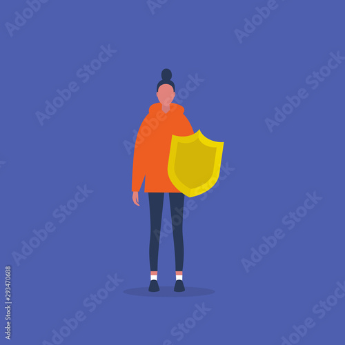 Young female character protecting herself with a shield. Safety. Insurance. Security. Flat editable vector illustration, clip art