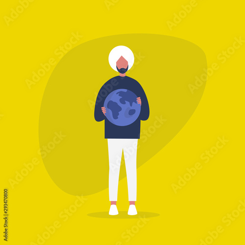 Young indian male character holding a globe. Sustainability. Ecology. Environmental conversation. Protection and safety. Future. Flat editable vector illustration, clip art