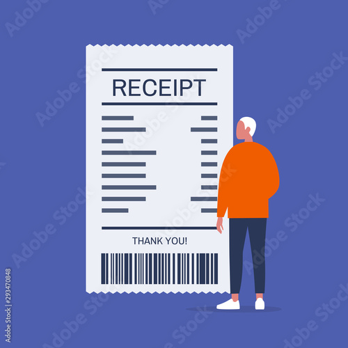 Finance. Money. Young male character looking at the paper receipt. Customer at the supermarket or restaurant. Invoice. Flat editable vector illustration, clip art