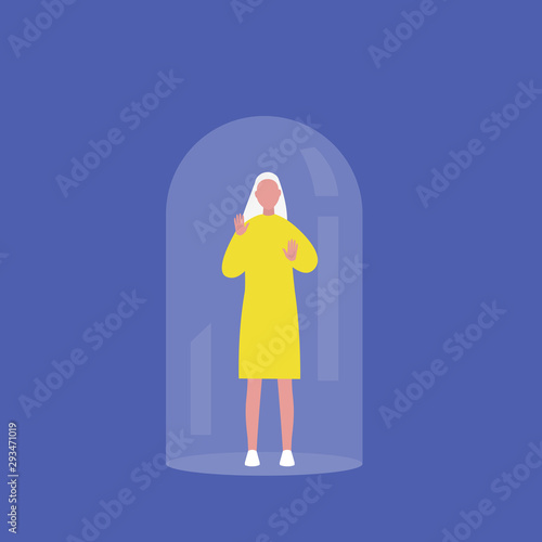 Young female character trapped under the glass dome calling for help. Mental health concept. Flat editable vector illustration, clip art