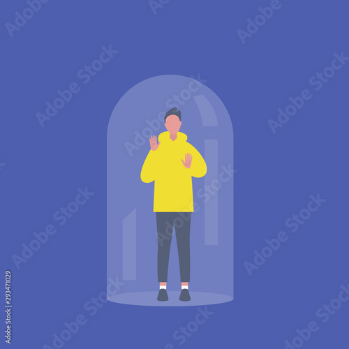 Young male character trapped under the glass dome calling for help. Mental health concept. Flat editable vector illustration, clip art