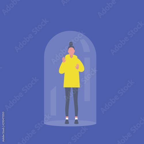 Young female character trapped under the glass dome calling for help. Mental health concept. Flat editable vector illustration, clip art