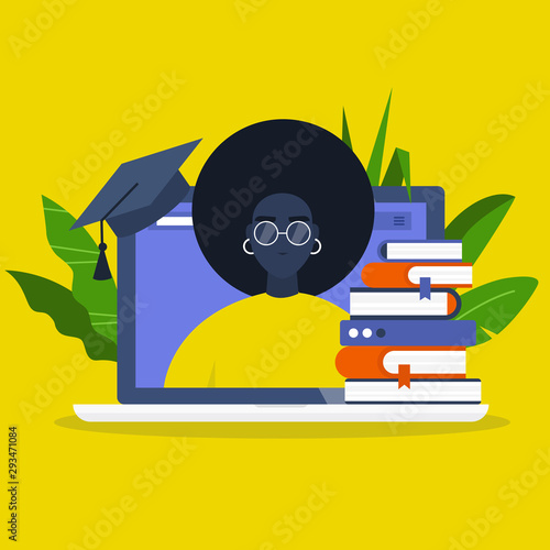 Online education. Webinar. Laptop screen, a stack of books and a graduation cap. Young black female character portrait. Flat editable vector illustration, clip art