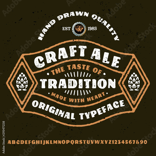 "craft ale" typeface. Vector hand crafted font in medieval style with hops. Good for posters, alcohol label and festival invitation.Letters and numbers.Vector illustration.