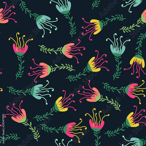 Vector seamless hand drawn floral pattern with colorful flowers on dark background. 
