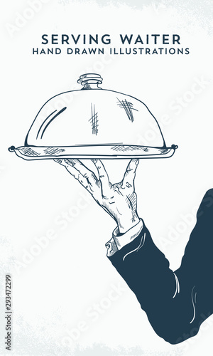 Hand Drawn Illustration of Waiter Holding Silver Serving Tray. - Vector