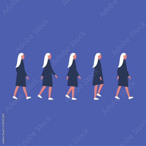 Walking female character. Animation set. Flat editable vector illustration, clip art.