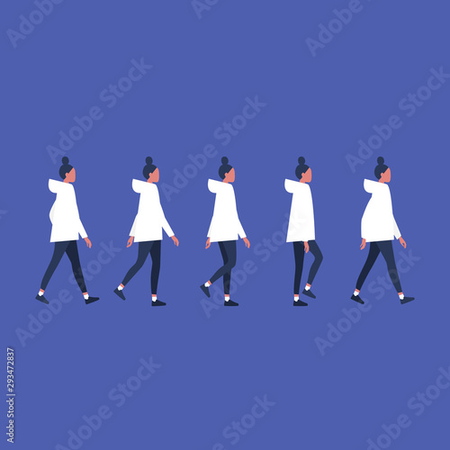 Walking female character. Animation set. Flat editable vector illustration, clip art.