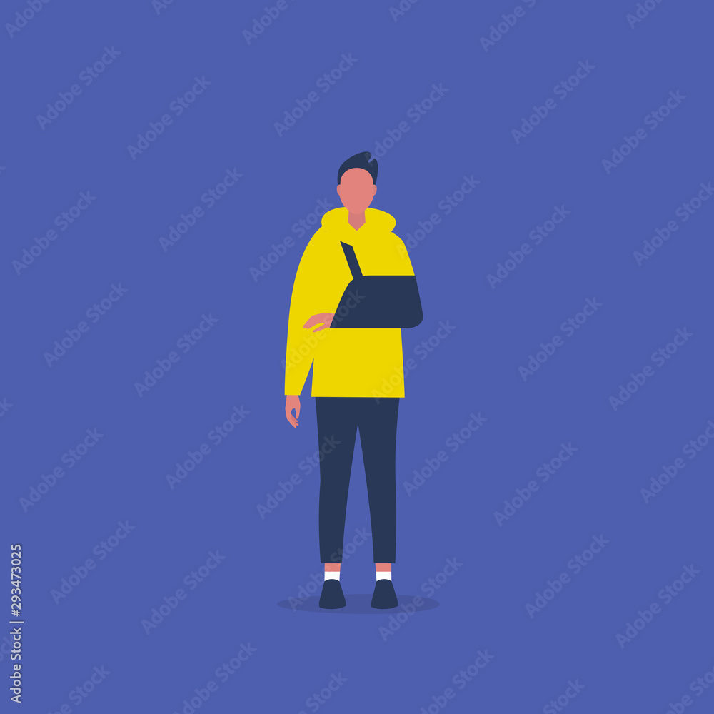 Young character with a broken hand wearing a sling. Rehabilitation. Medical care. Health. Therapy. Clinic. Insurance. Flat editable vector illustration, clip art Young character with a broken hand wearing a sling. Rehabilitation. Medical care. Health. Therapy. Clinic. Insurance. Flat editable vector illustration, clip art