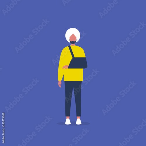 Young character with a broken hand wearing a sling. Rehabilitation. Medical care. Health. Therapy. Clinic. Insurance. Flat editable vector illustration, clip art