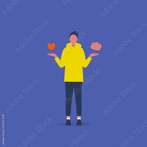Emotional intelligence. Balance of emotions and thoughts. Therapy. Harmony. Young male character choosing between heart and brain. Conceptual illustration, clip art