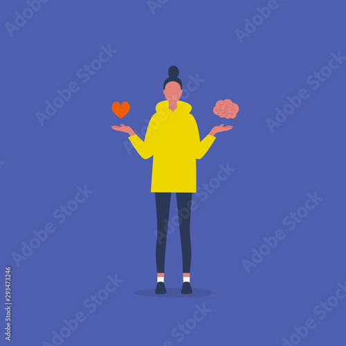 Emotional intelligence. Balance of emotions and thoughts. Therapy. Harmony. Young female character choosing between heart and brain. Conceptual illustration, clip art