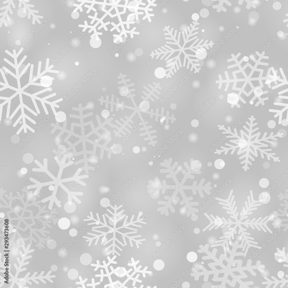 Christmas seamless pattern of snowflakes of different shapes, sizes and transparency in gray colors Christmas seamless pattern of snowflakes of different shapes, sizes and transparency in gray colors