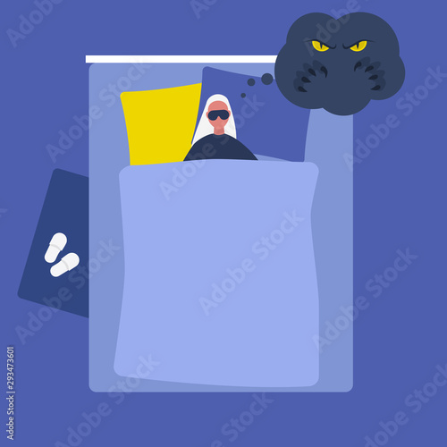 Nightmare. Young female character sleeping in bed, Night time. Monster. Stress. Modern lifestyle. Flat editable vector illustration, clip art