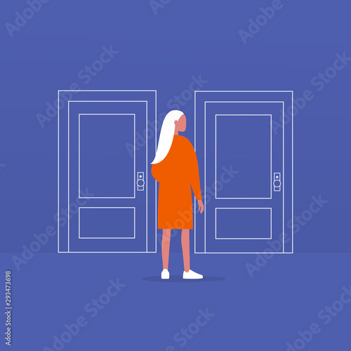 Young female character standing in front of two closed doors Fototapete