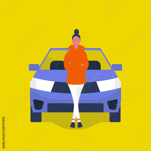Young female driver standing in front of a SUV car. Millennial lifestyle. Road trip. Flat editable vector illustration, clip art