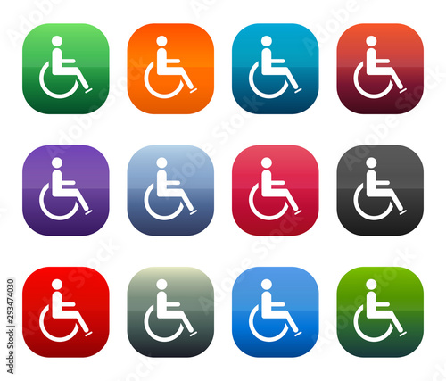 Wheelchair handicap icon shiny square buttons set illustration design