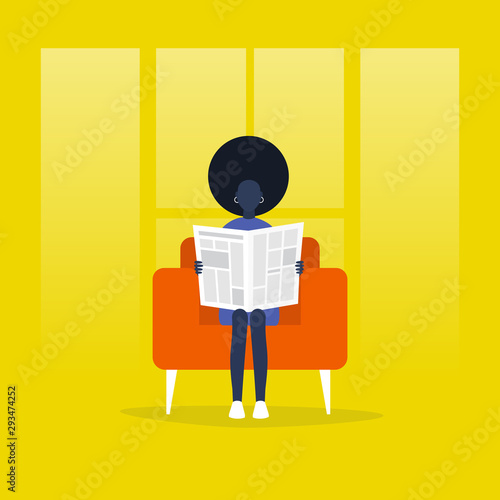 Young black female character reading a newspaper. News. Digital vs analog. Lifestyle. Morning habits. Flat editable vector illustration, clip art