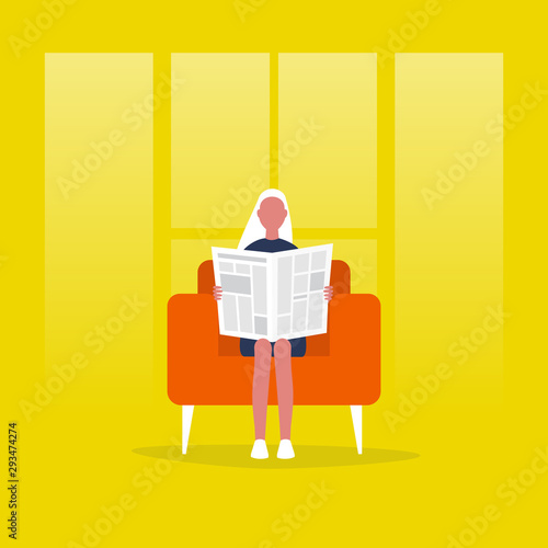 Young female character reading a newspaper. News. Digital vs analog. Lifestyle. Morning habits. Flat editable vector illustration, clip art