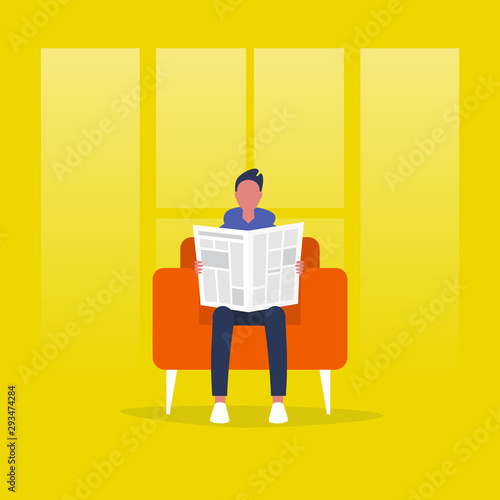 Young male character reading a newspaper. News. Digital vs analog. Lifestyle. Morning habits. Flat editable vector illustration, clip art
