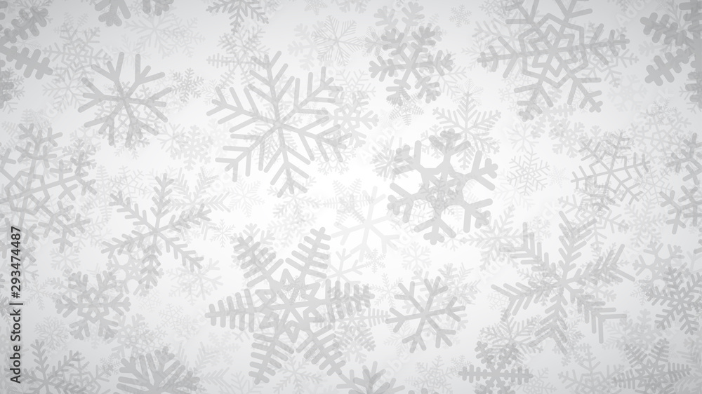 Christmas background of many layers of snowflakes of different shapes, sizes and transparency. Gray on white Christmas background of many layers of snowflakes of different shapes, sizes and transparency. Gray on white