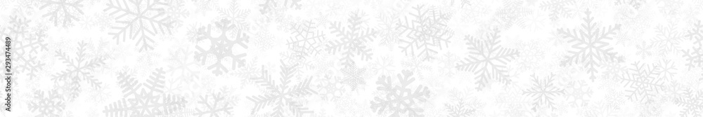 Fototapeta Boże Narodzenie poziomy bez szwu transparent z wielu warstw płatków śniegu o różnych kształtach, rozmiarach i przezroczystości. Jasnoszary na białym tle