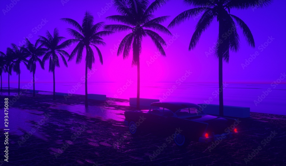 80's retro style background with tropical coconut trees, sunset and old us car - Illustration 3d