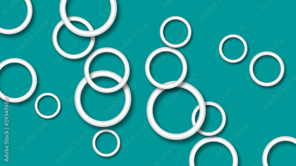 Abstract illustration of randomly arranged white rings with soft shadows on light blue background Abstract illustration of randomly arranged white rings with soft shadows on light blue background