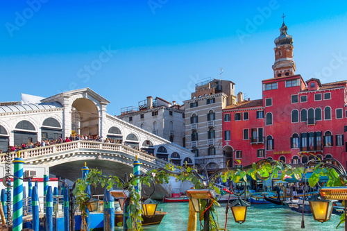 Venice, Italy-20 April, 2019: Landmark Rialto Bridge, one of the most visited Venice landmark locations