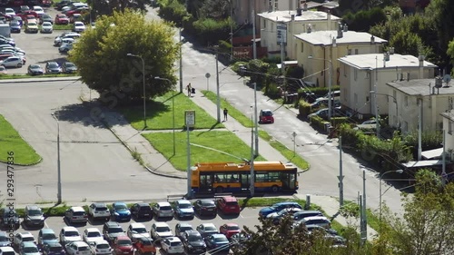 Zlin, Czech Republic - September 2019: Evated city view with trolleybus, people and cars. 4K resolution photo