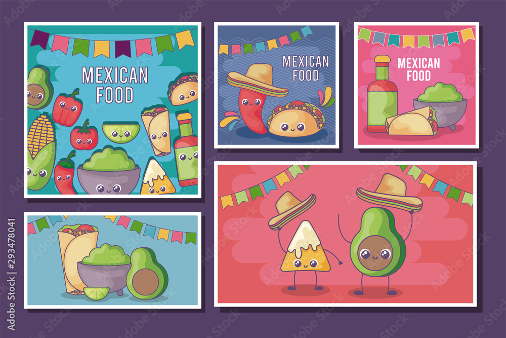 set of card of Mexican food kawaii