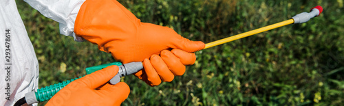 panoramic shot of exterminator in latex gloves holding spray outside