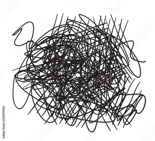 Chaos on white. Abstract tangled shape. Random chaotic lines. Hand drawn dinamic scrawls. Black and white illustration