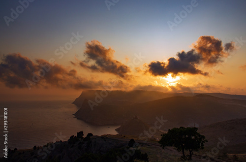 Amazing view from the mountain to the sea and landscape. Sunset