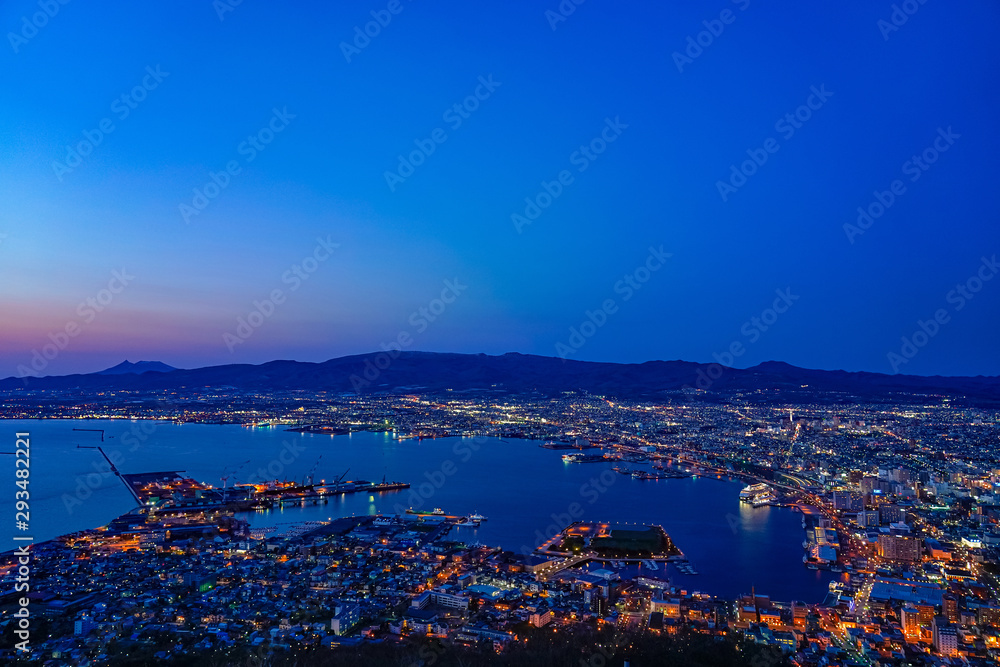 Night view from Mt. Hakodate observation deck, the expansive vista light up in evening is spectacular. A famous three star rating sightseeing spot in Hakodate City, Hokkaido, Japan