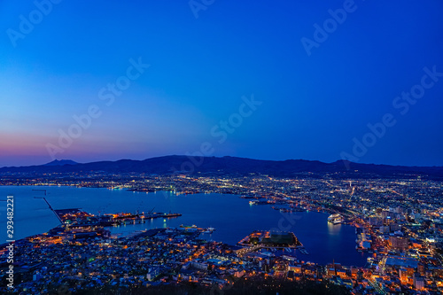 Night view from Mt. Hakodate observation deck, the expansive vista light up in evening is spectacular. A famous three star rating sightseeing spot in Hakodate City, Hokkaido, Japan © Shawn.ccf