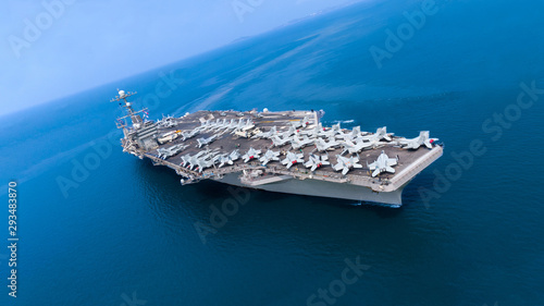 Military navy ship carrier full loading fighter jet aircraft for new war, webinar banner