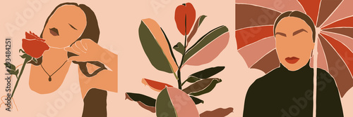 Set of Woman's Face minimalist art. Abstract Contemporary collage fashion woman and plants in a modern trendy style. Vector Portrait of a female. For Beauty Concept, t-Shirt Print, postcard, poster