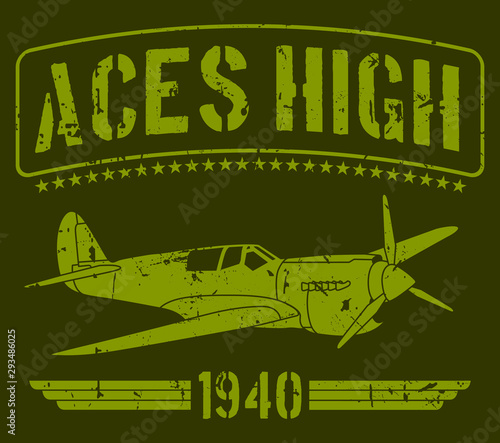 Aces high 1940's world war II airplane in green background with stars. Based in military concept art. Vector illustration