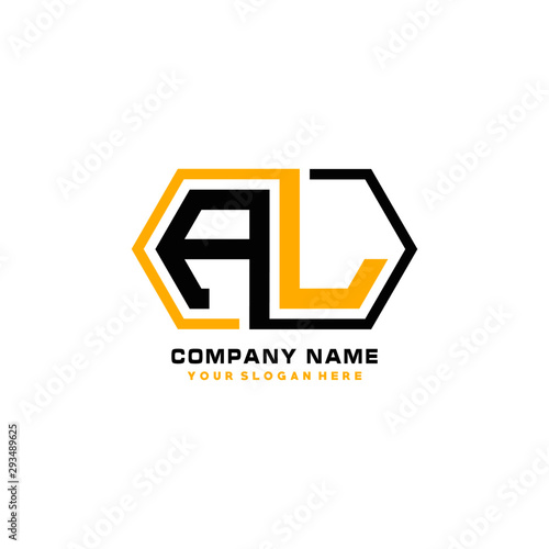 AL initial letters looping linked hexagon elegant logo color blue, black, yellow